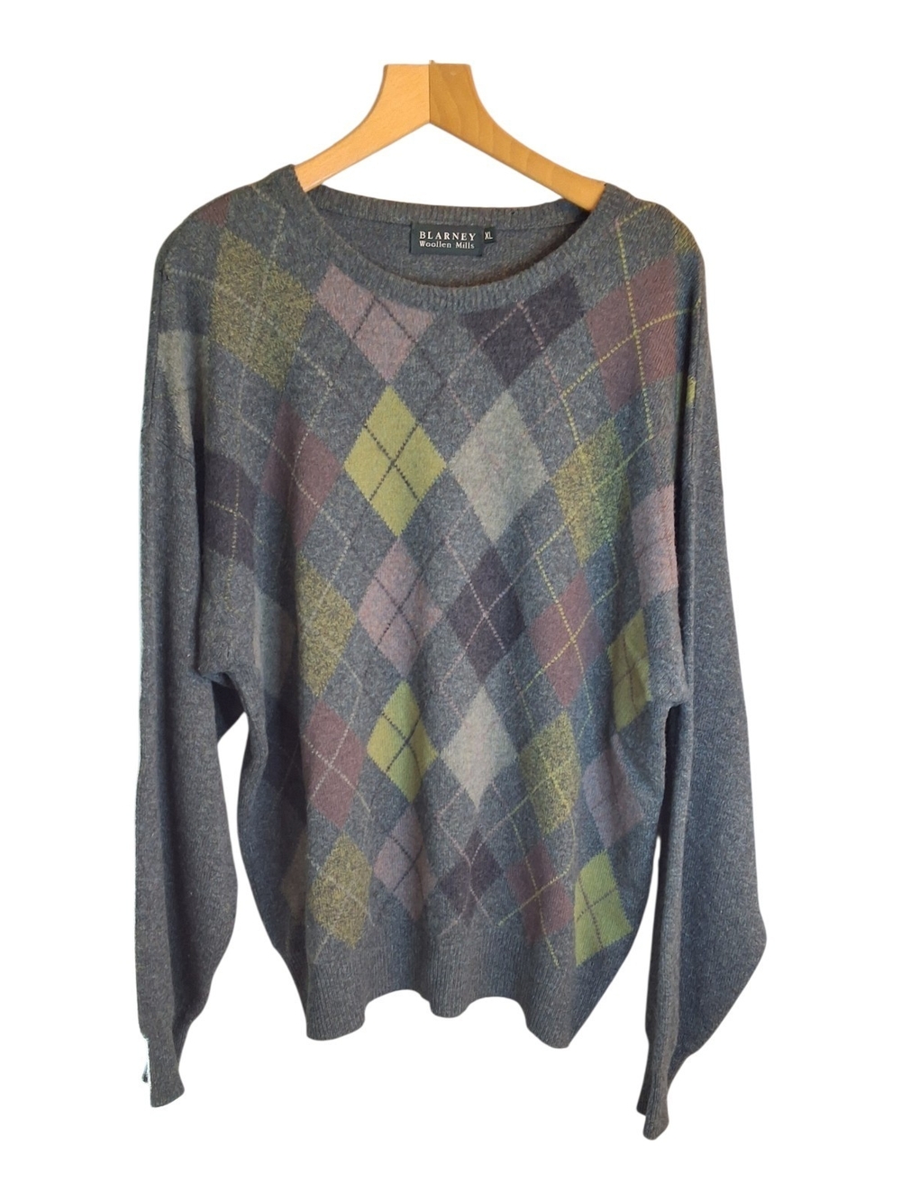 Blarney Woolen Mills Gray/Green Argyle Crewneck Sweater Pure New Wool XL